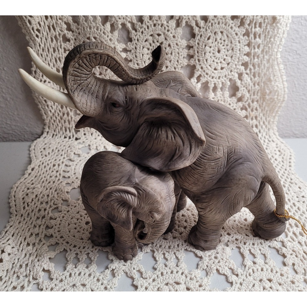 Vtg Ceramic Andrea by Sadek #7870 Trunk Up Mother w/ Calf Elephant Figurine Gray